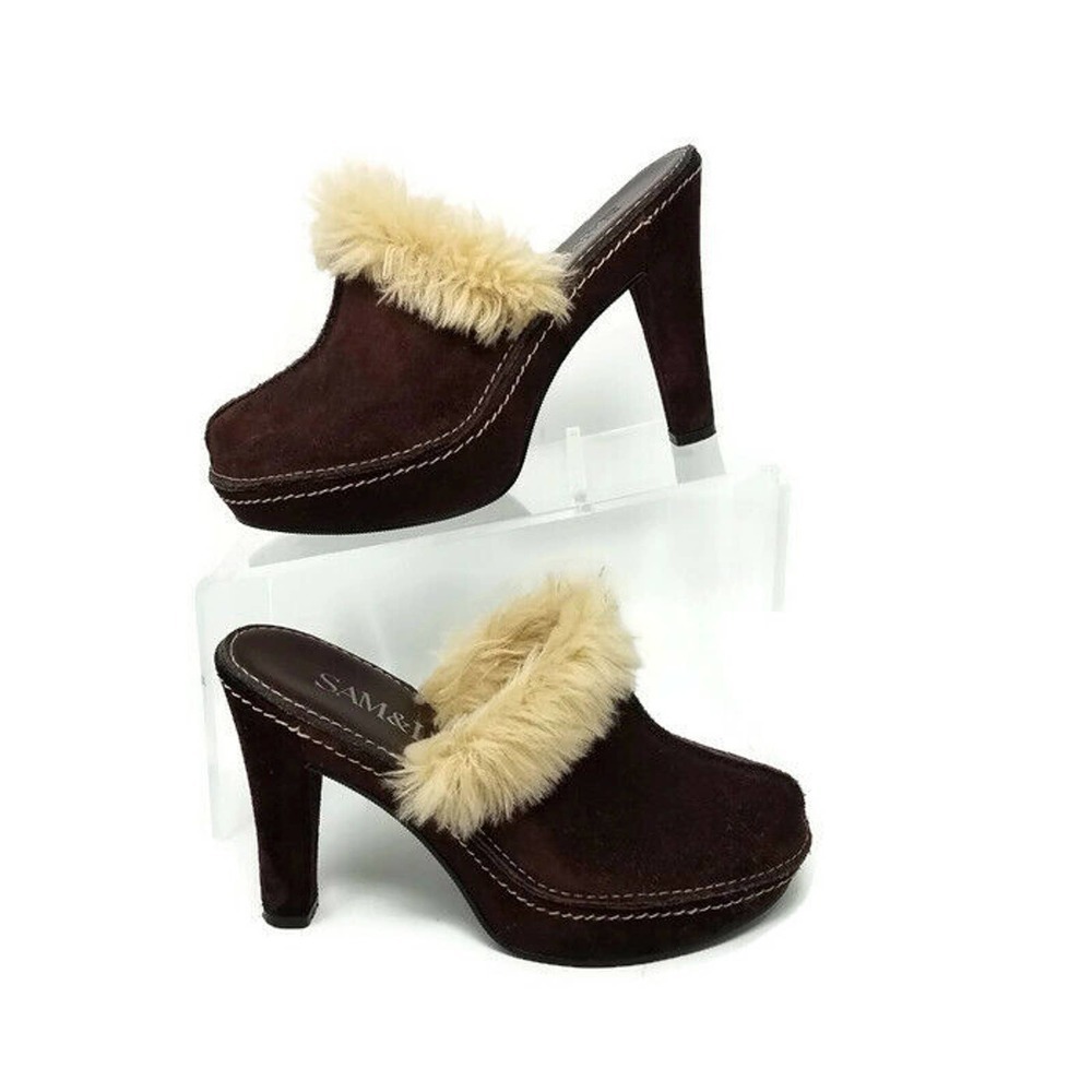 Sam & Libby SIBYLA Brown Winter Suede Fur Platform Clogs Mules Womens 6M - Picture 4 of 10